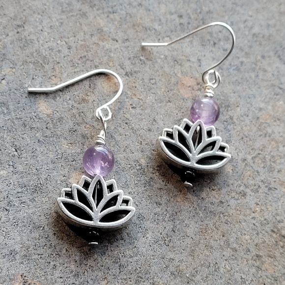 Amythest Lotus Silver Plated Earrings - Picture 5 of 7